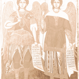 Ikona sv. archanjelov Michala a Gabriela Grecko 18. stor. cislovanie sepia