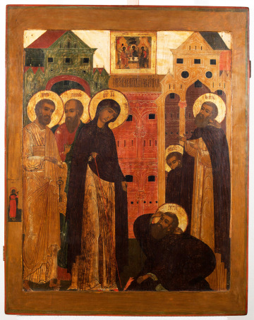 Zjavenie presvaetej Bohorodicky s apostolmi prepodobnemu igumenovi Sergejovi
